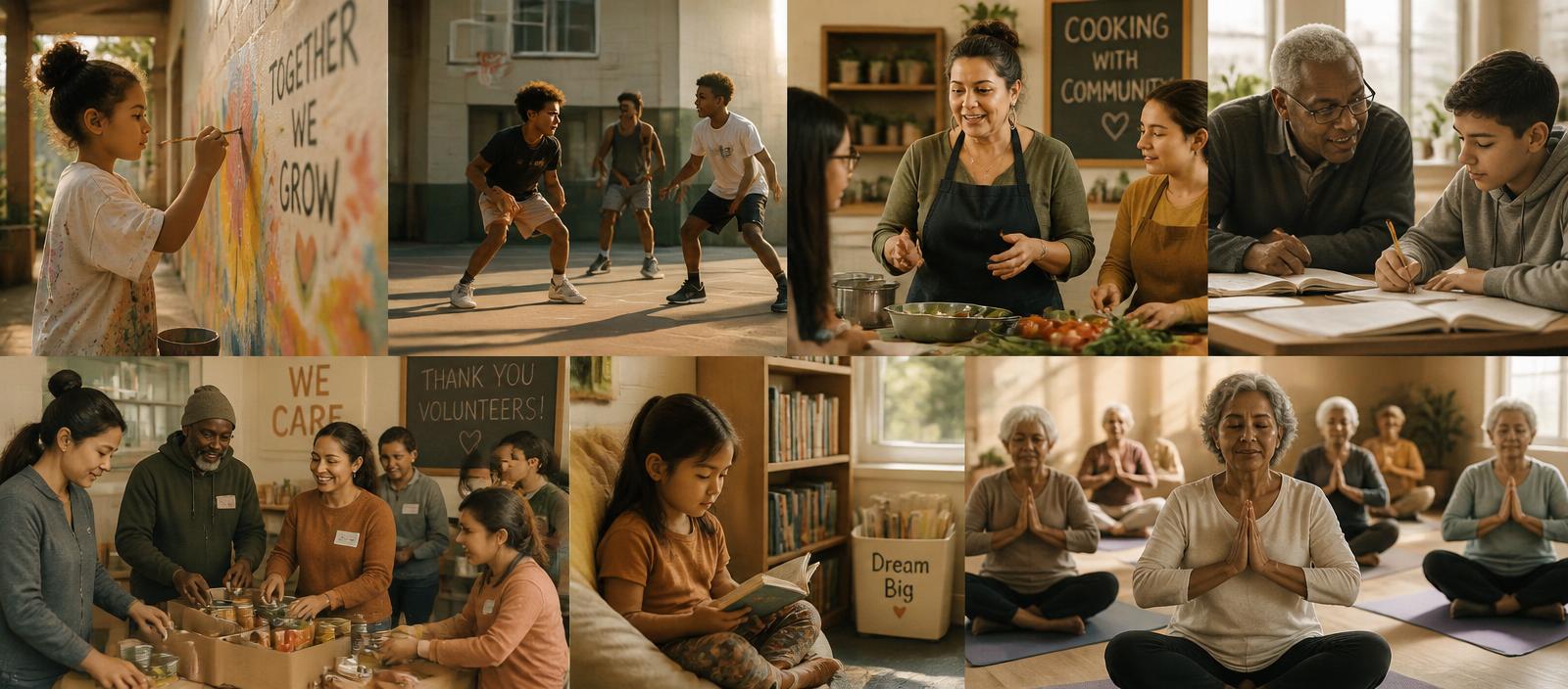 A collage of community moments: children painting, teens playing basketball, adults cooking, seniors doing yoga, volunteers packing food boxes.